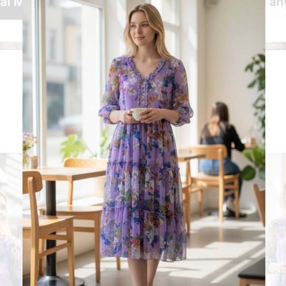 NWT Laura Ashley Boho Tired Ruffle Floral Midi Dress - Picture 1 of 8